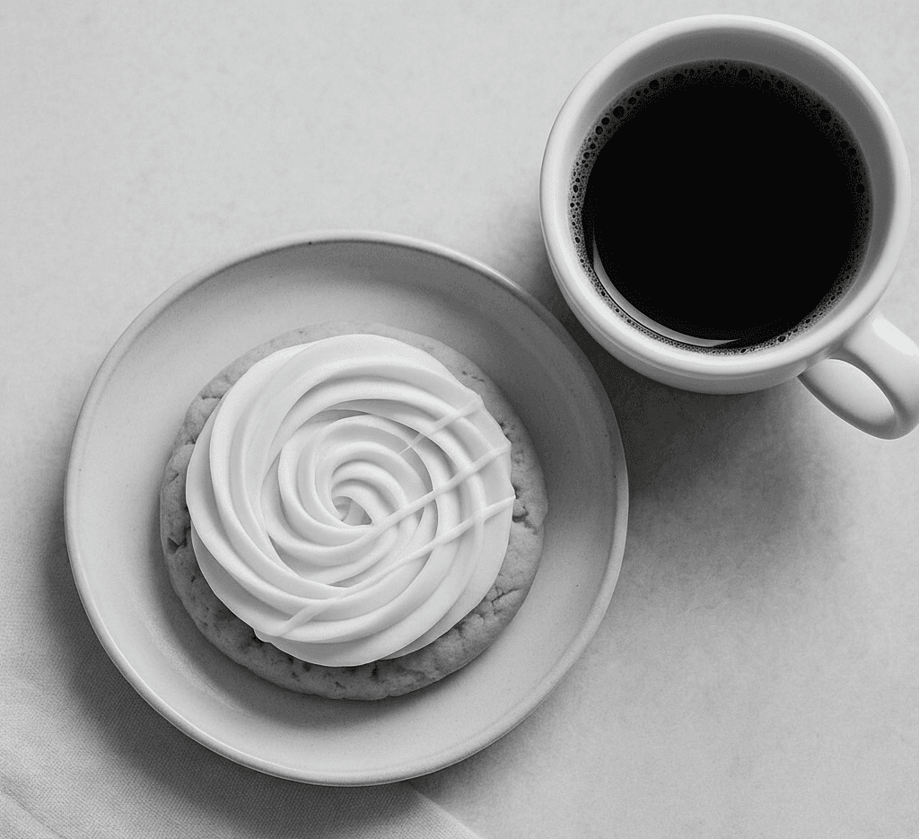 Coffee and frosted cookie on plate